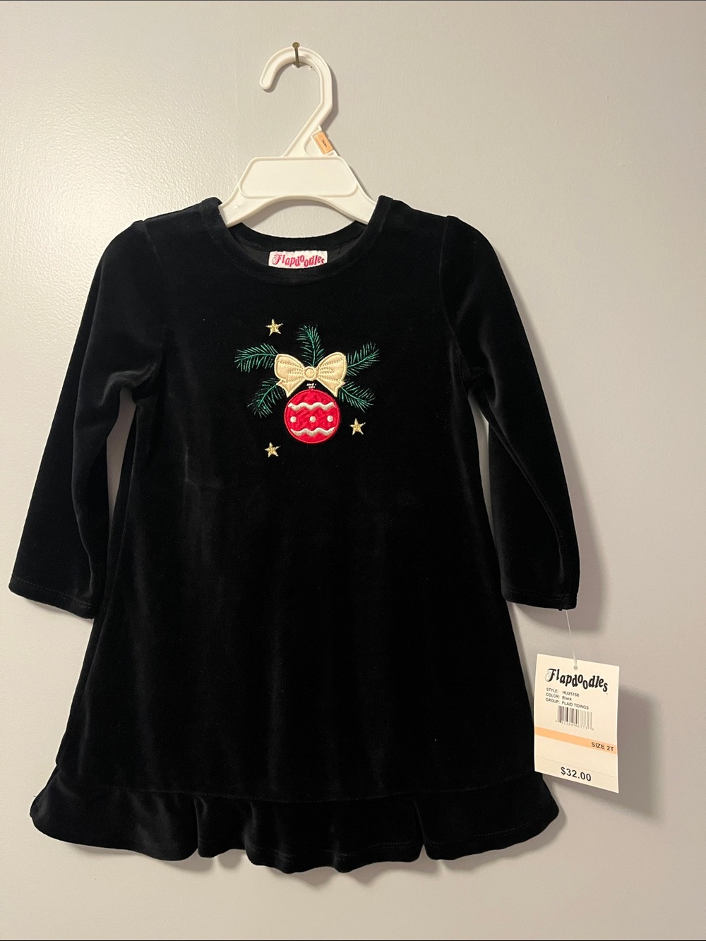 Flapdoodles Plaid Tidings Black Velvet Dress with Red Ornament Accent